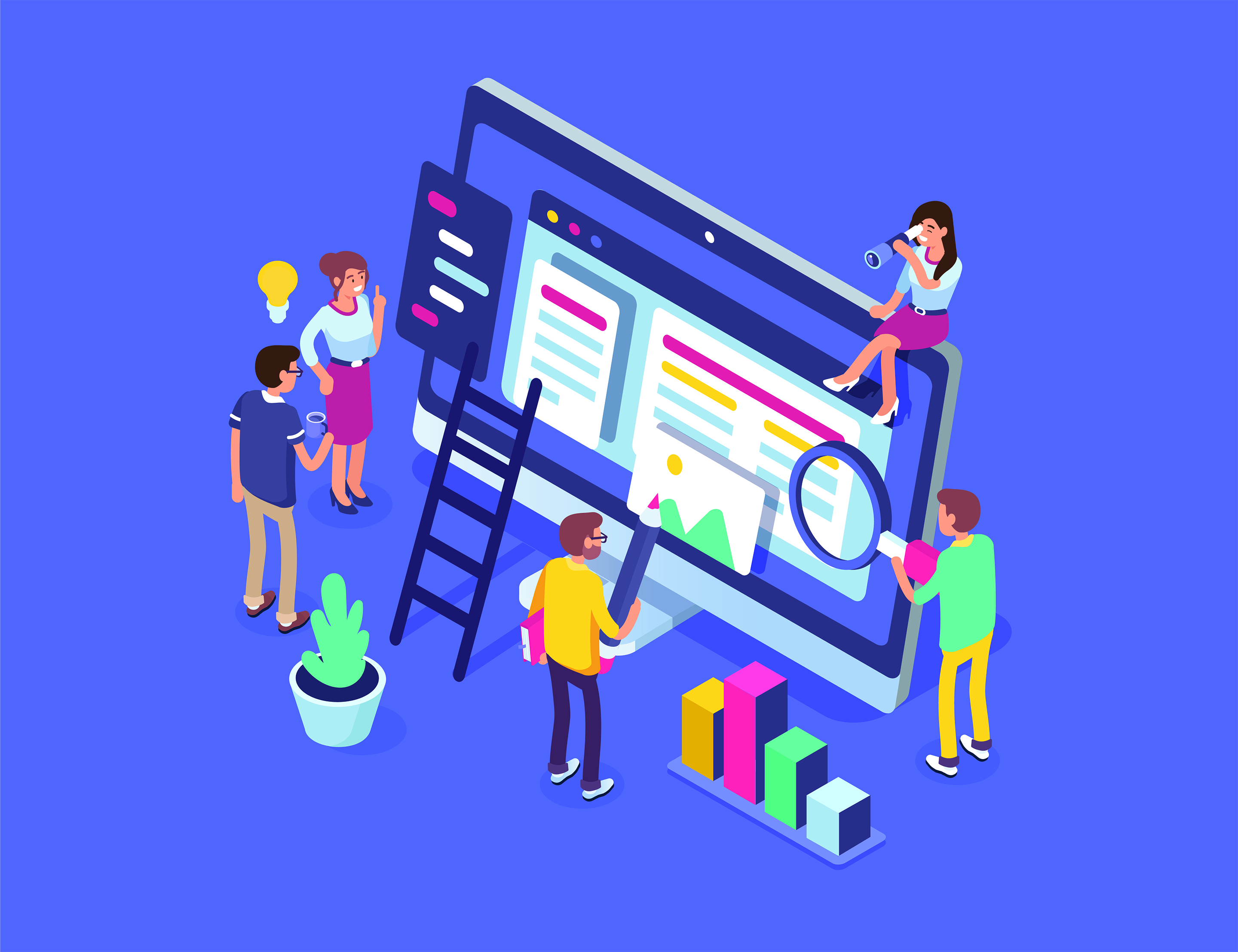 Isometric graphic illustration of different kinds of people interacting with a computer program.