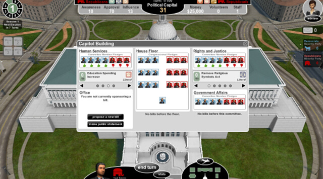 A screenshot from a game about political parties and policies  - Chaos Theory | Serious Games Developer, Australia