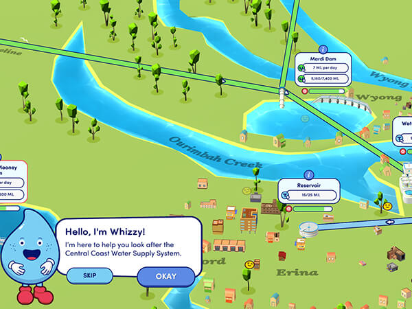 A screenshot from Working with Water by Chaos Theory and Central Coast Council. A strategy game teaching players about water management and sustainability.  - Chaos Theory | Serious Games Developer, Australia