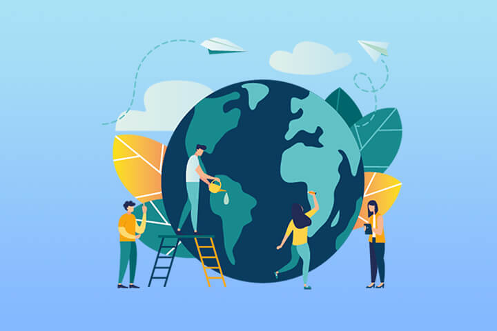 Thumbnail image featuring a vector graphic of people caring for the Earth. Chaos Theory Blog 2020 - Environmental Games from 2010 - 2020