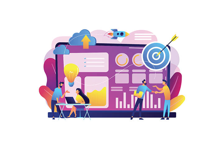 Colourful cartoon graphic of people working together on a laptop