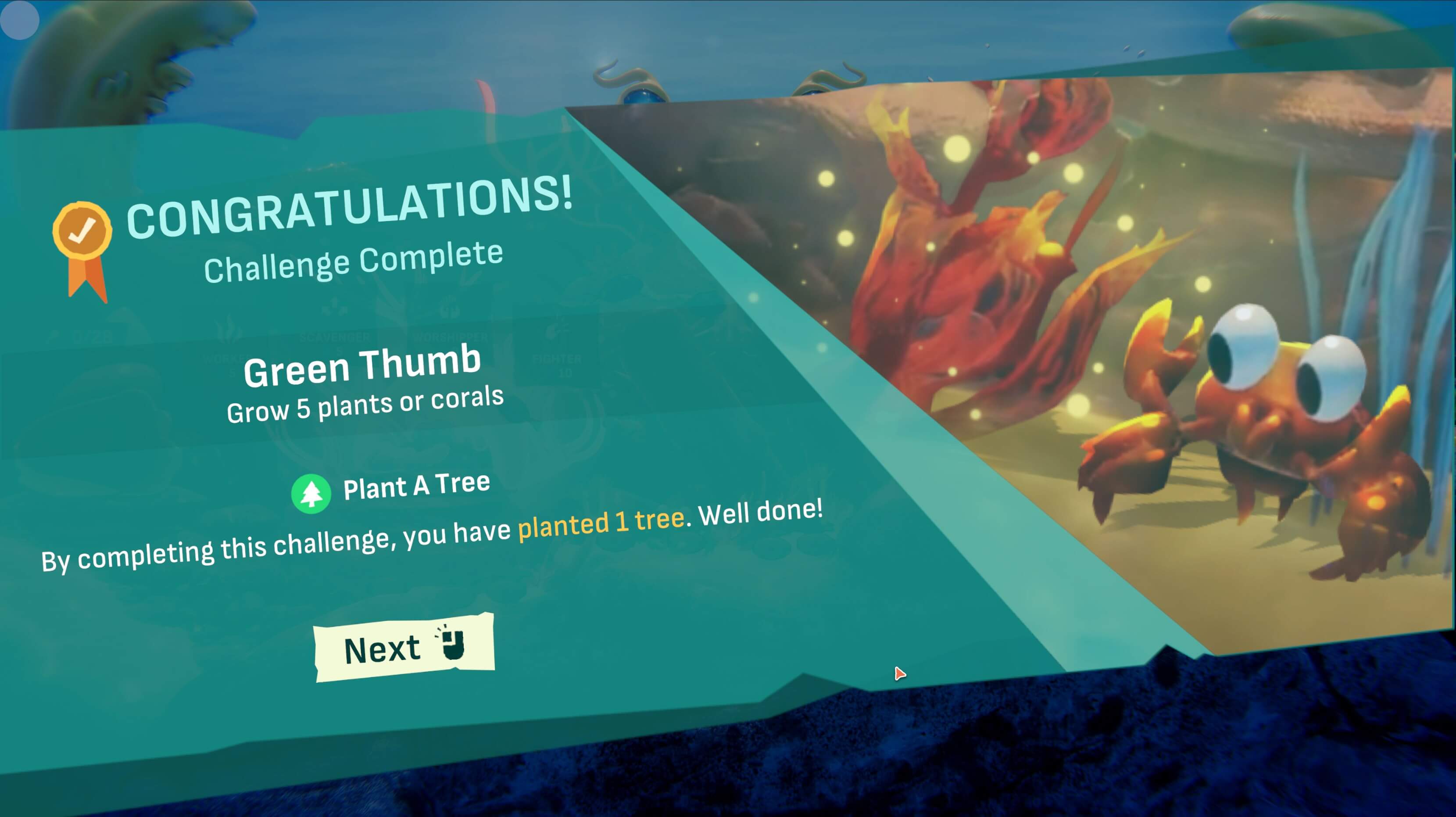 A mock UI of a challenge complete screen from the game, Crab God
