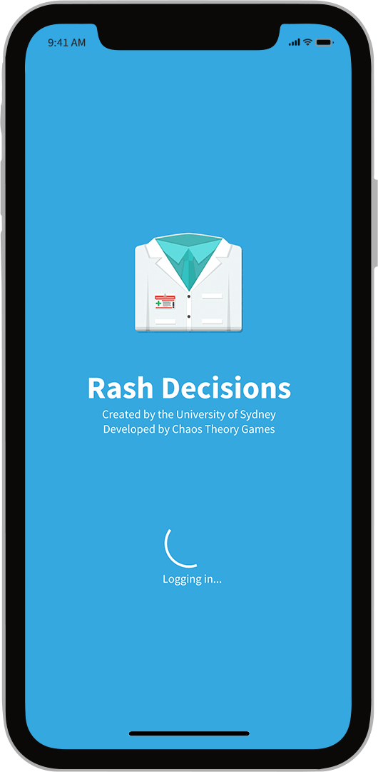 A framed screenshot of a loading screen in the App Rash Decisions, A Serious Game Developed in Sydney by Chaos Theory Games