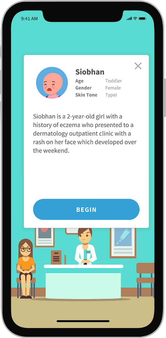 A framed screenshot of the patient screen in the App Rash Decisions, A Serious Game Developed in Sydney by Chaos Theory Games