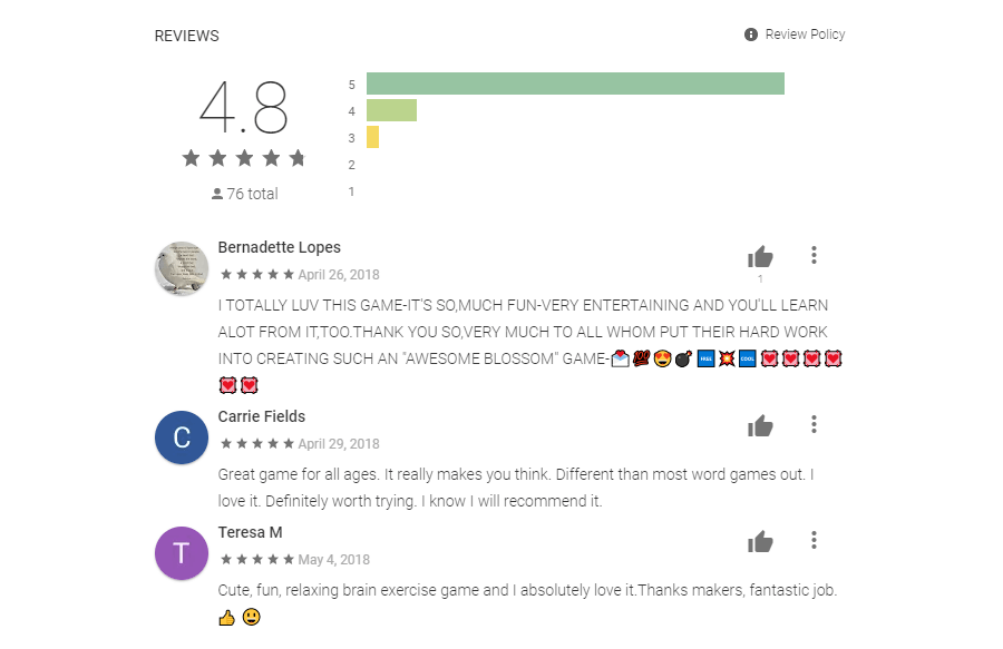 An image of reviews that the game Owls and Vowels has received on the app store