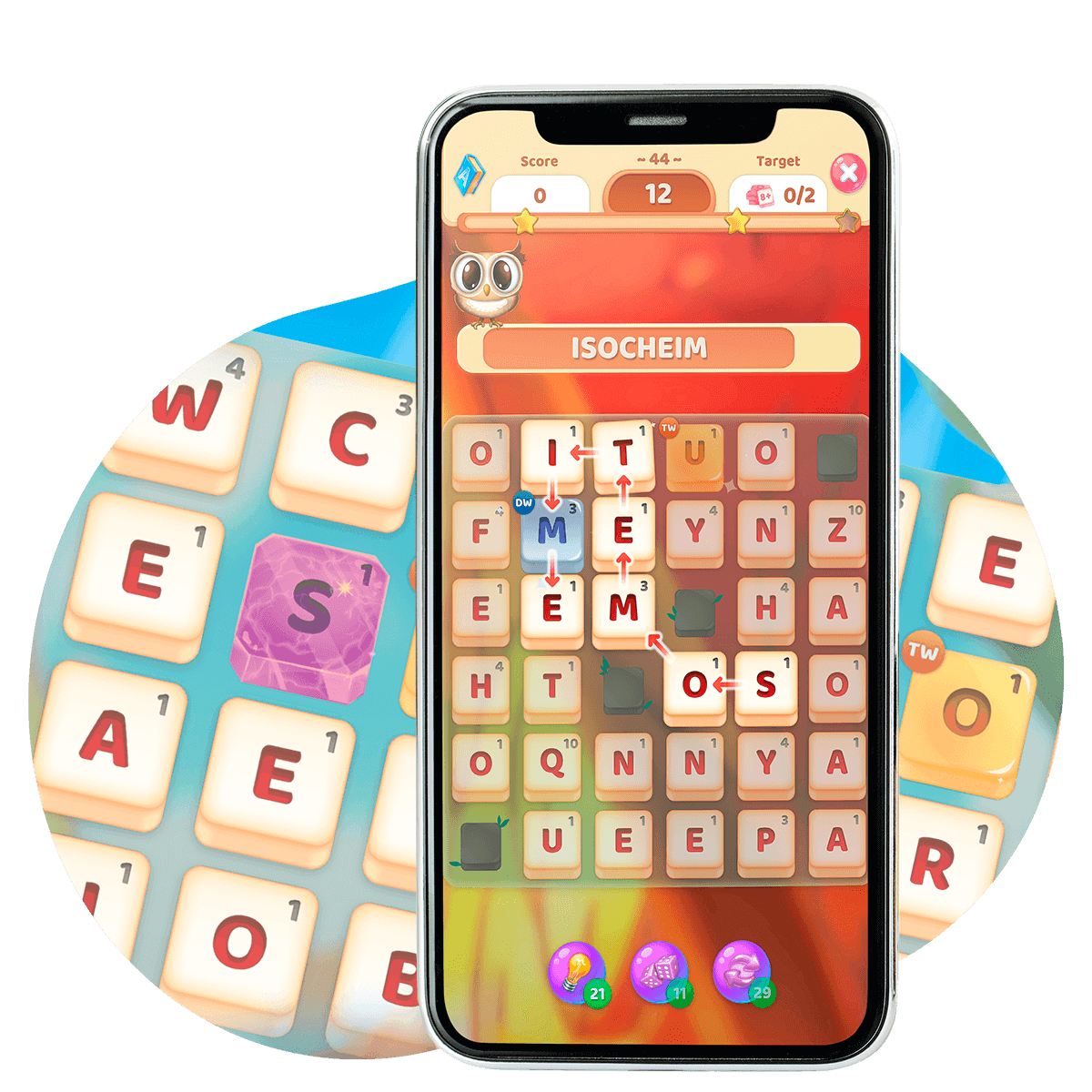 A screenshot of Owls and Vowels - a fun mobile word game where you can define every word you spell.