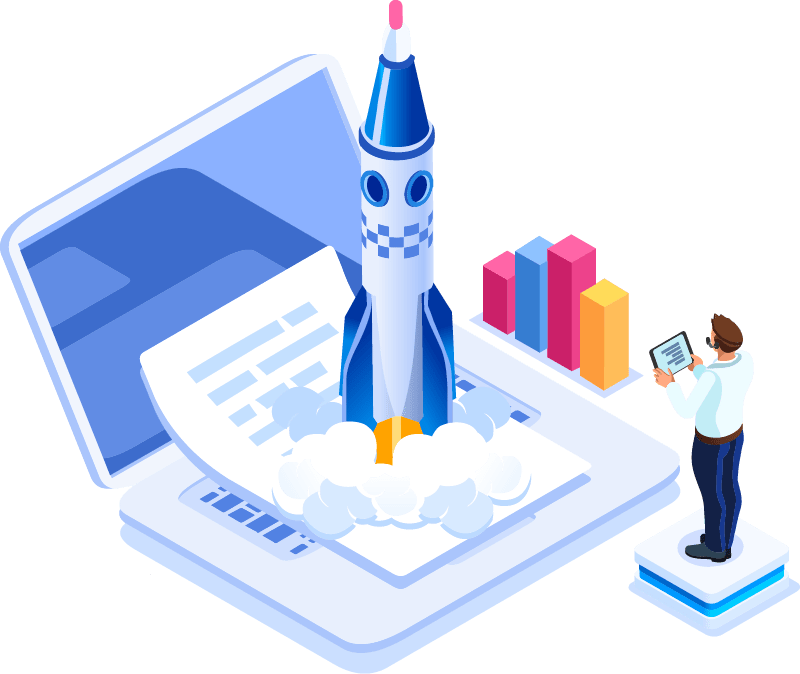 A vector graphic representing competency. A man is standing by a laptop and watching the launch of a rocketship - Chaos Theory | Serious Games Developer, Australia