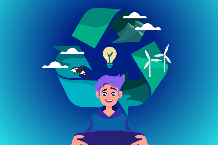 Person playing on device with lightbulb over head and recycle symbol in the background with environmental themes