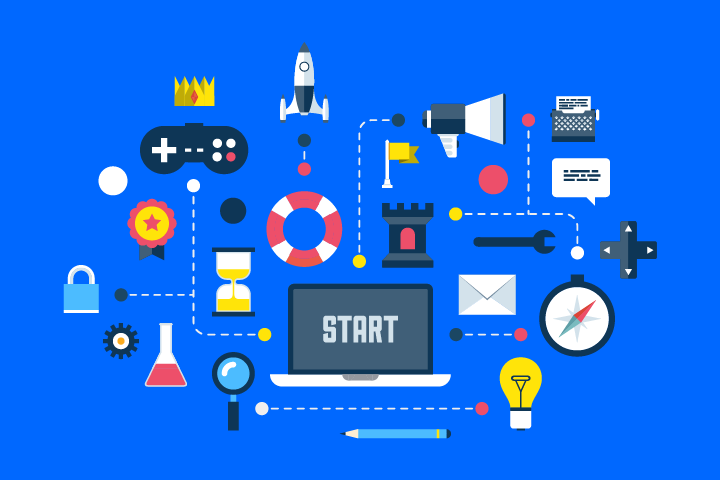 A collection of gaming icons around a laptop with the word 'Start' on it