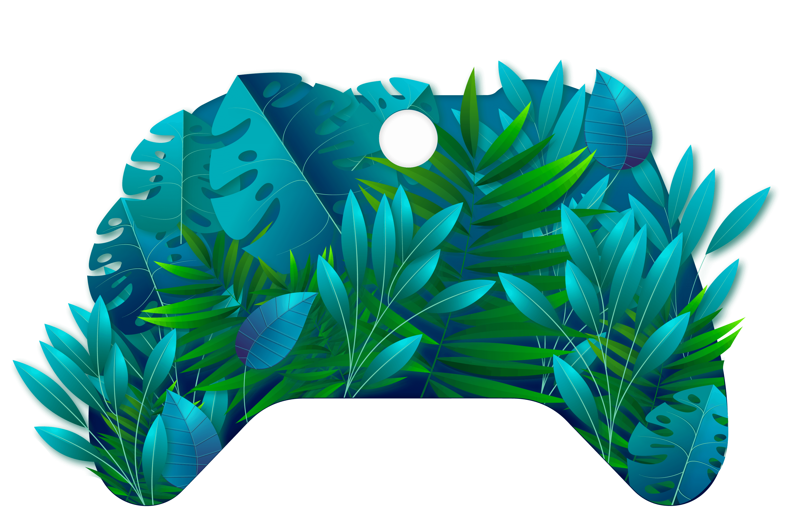 A game controller cut out filled with different types of leaves and plants