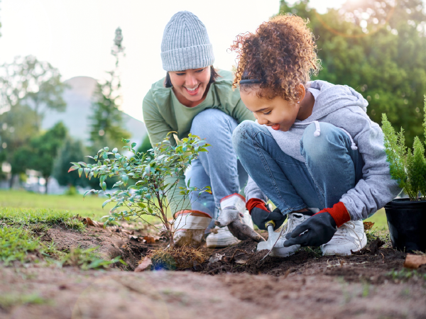 A photograph of children planting trees