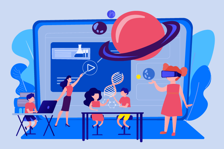 Graphic illustration of children learning through immersive technology