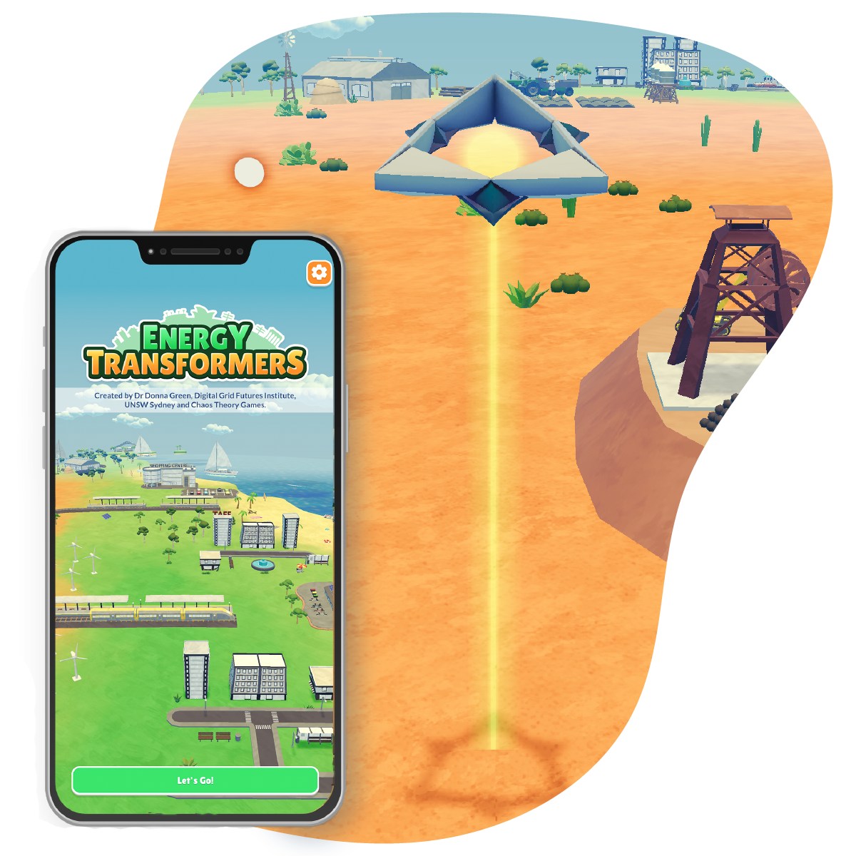 A mockup and in-game screenshot of a renewable energy game by UNSW and Chaos Theory Games